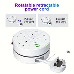 New Multifunctional Power Board/socket, Cable Retractable/cable Tidy, Equipped with 4 Power Sockets, with (2 USB-A) (1 TYPE-C), 2m/6ft Power Cord/automatic Short Circuit Protection Function/easy to Carry/suitable for Home And Office Use.