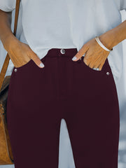 CY038 - Women's High-Waisted Stretch Street Style Solid Color Slim-Fit Fashion Metal Button Detail Casual Jeans