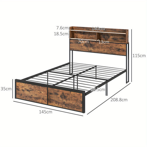 Industrial Double Bed Frame, 4. 8FT Steel Bed Base with Storage Headboard, Footboard, Slatted Support and Under Bed Storage, 145 x 209cm, Rustic Brown