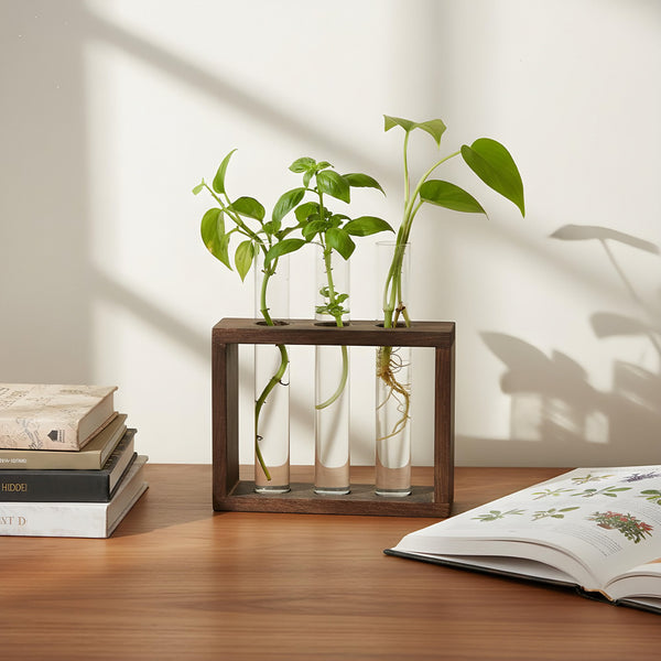 Multi-Tube Plant Propagation Station with Wooden Stand & Metal Swivel Holder, Desktop Retro Plant Terrarium Bulb Vase for Indoor Hydroponic Flowers, Tabletop Glass Planter Housewarming Gifts for Plant Lovers, 28x13.8cm (3 Tubes)