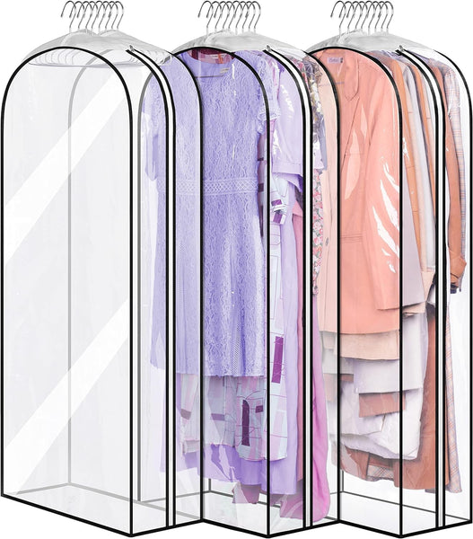 MISSLO Gusseted Clear Suit Covers Garment Bags for Clothes 100Cm Waterproof Cothes Covers Protector Bags with Side Zip for Coats, Shirts, Dresses, 3 Packs
