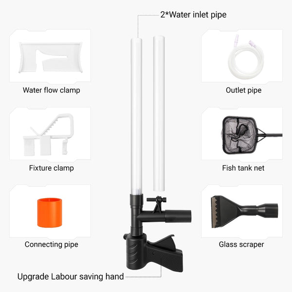 Fish tank bottom sand cleaner, manual aquarium vacuum siphon kit, quick water change without plug in, equipped with anti escape net, sand washing and water changing tool