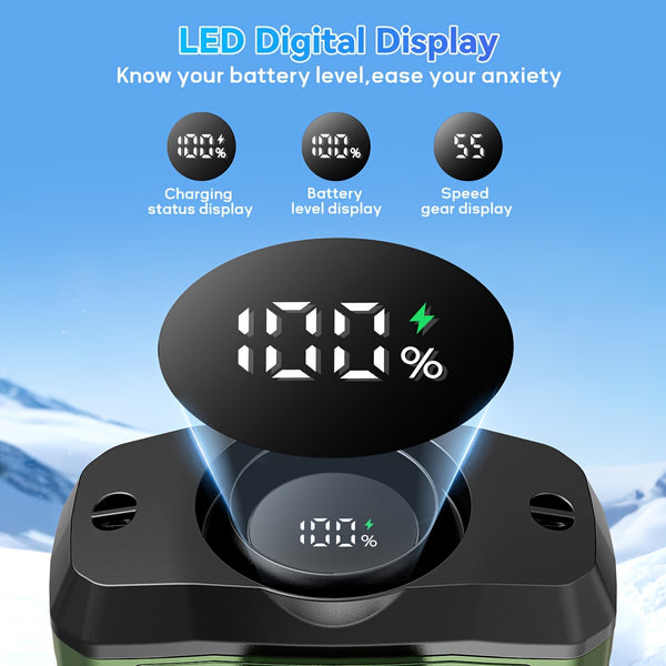 7W Brushless Turbo Dual Motor Waist Fan, 100-Speed Levels, 6000mAh Rechargeable with Phone Charging, LED Display, Flashlight, Desktop Stand & Lanyard, Multiple Wearing Modes for Outdoor Camping Hiking Fishing