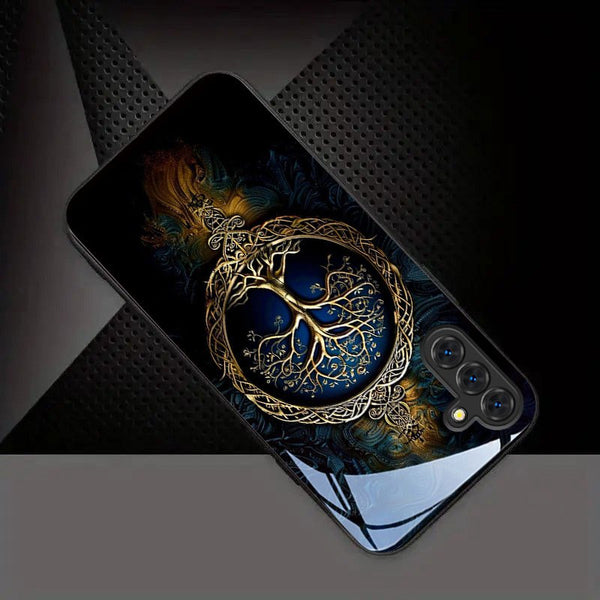 Phone Case - Blue Golden Tree of Life Pattern New Black Phone Case Tempered Glass for Iphone 17 Air/ 16/ 15/ 14/ 13/ 12/ 11/ Plus/ Pro/ Pro Max And Galaxy S, A Series/ S22/ S23/ S24 FE/ S25/ S26 ULTRA PLUS. It Is The First Choice of Gift for Family