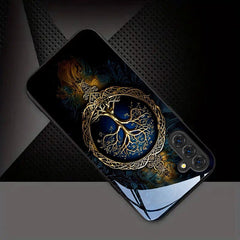 Phone Case - Blue Golden Tree of Life Pattern New Black Phone Case Tempered Glass for Iphone 17 Air/ 16/ 15/ 14/ 13/ 12/ 11/ Plus/ Pro/ Pro Max And Galaxy S, A Series/ S22/ S23/ S24 FE/ S25/ S26 ULTRA PLUS. It Is The First Choice of Gift for Family