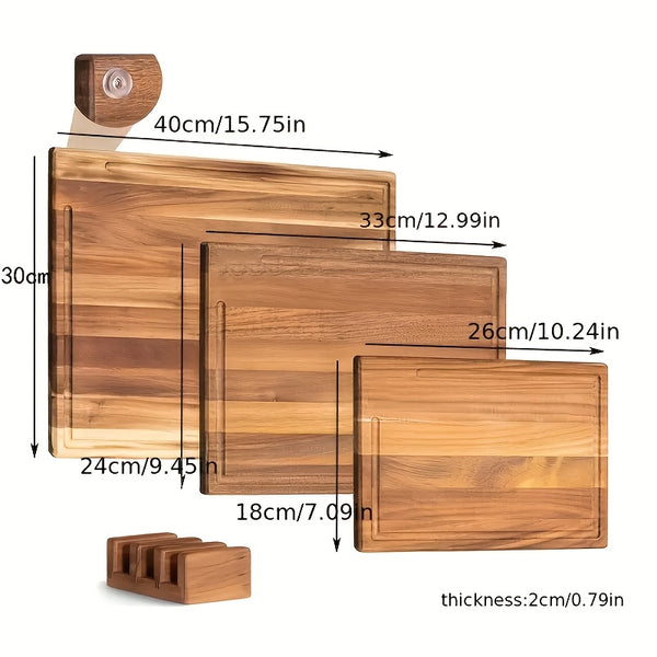 Set of 3 Solid Acacia Chopping Boards (40 x 30 cm / 33 x 24 cm / 26 x 18 cm), with Board Stand,With anti-slip mat. 2 cm Thick Wooden Boards with Juice Groove, Designer Chopping Board Set
