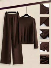 Women's 2pcs Set with Side Stripe| Crewneck Sweater & Relaxed Fit Straight Leg Pants| Soft Loungewear for Spring Autumn | European Casual Y Style