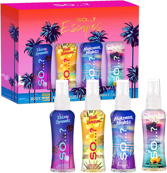 So…? Escapes Womens Gift Set, with Ibiza Dream, Bali Breeze, Mykonos Nights & Majorca Love, Fragrance Spray Set (4 X 50Ml)