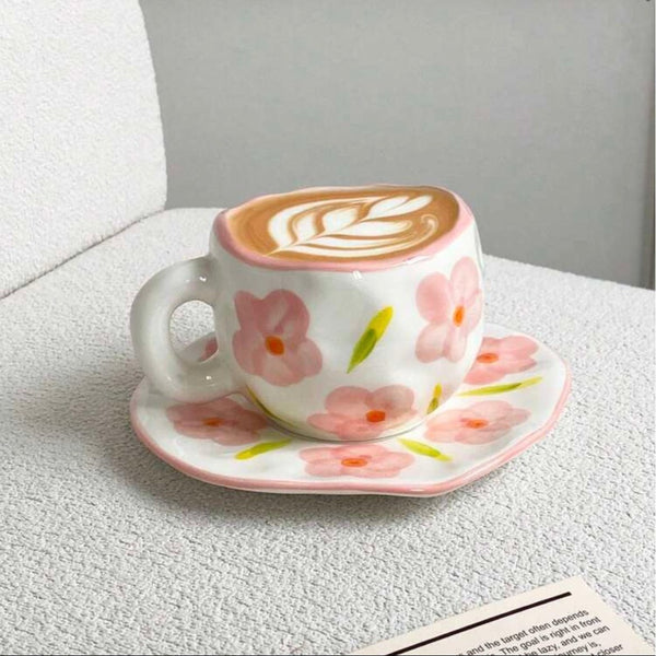 1pc Ceramic Coffee Cup And Saucer, Korean-Style Ins Style Retro Hand-Knotted Mug, High-Looking Fresh Breakfast Milk Cup, Office Water Cup, Tea Cup, Suitable for Home Use, Parties, Gift Giving