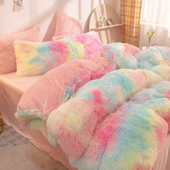 Plush Tie Dye Bedding 3pcs - Faux Fur Tie Dye Duvet Cover, Nordic Colorful Design & Zipper Closure, Plush Warm Bedding Set for Autumn and Winter, Suitable for Bedroom, Valentine's Day Easter Home Gift (Pillowcase Included, Duvet Insert Not Included)