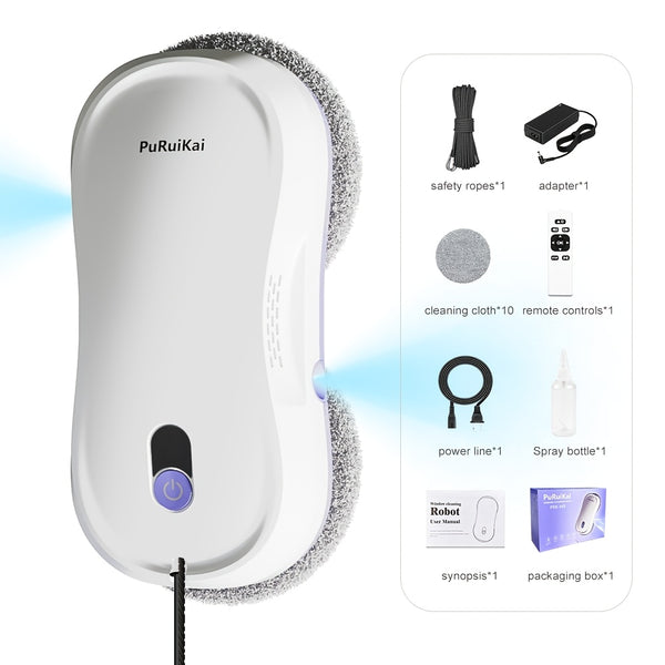 PuRuiKaiM8 Fully Automatic Plug-in Intelligent Window Cleaning Robot (2026 Latest Model) with Automatic Bidirectional Water Spray with Remote Control, 4.5-meter Anti Fall Safety Rope, Including 10 Cleaning Cloths And Spray Bottles