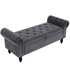 Ottoman Storage Bench, Velvet End Of Bed Storage Box With Lid, Sturdy Wood Legs Footrest, 168KG Load Capacity, Sofa Bench For Bedroom/Living Room, 133x53x46cm (Grey/Blue/Beige)