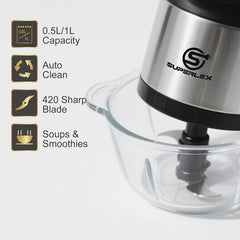 SUPERLEX Mini Chopper 300W Motor 6 Second Quick Mincing Dual Speed Control 1000ml Capacity One Touch Chop