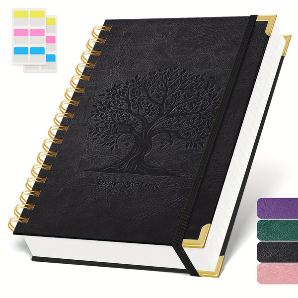 Notebook Notepad A5, 300 Pages Wirebound Spiral Notebook, 100GSM Thick Paper, No Bleed, Leather Cover Journal with Tree Design & Golden Spiral Binding, Perfect for School Writing, 16.5 X 21cm