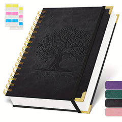 Notebook Notepad A5, 300 Pages Wirebound Spiral Notebook, 100GSM Thick Paper, No Bleed, Leather Cover Journal with Tree Design & Golden Spiral Binding, Perfect for School Writing, 16.5 X 21cm