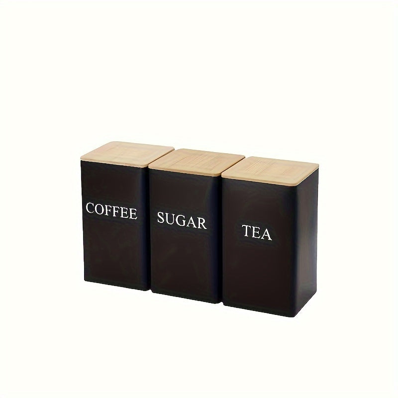 Set of 3 Cast Iron Kitchen Canisters with Wooden Lids