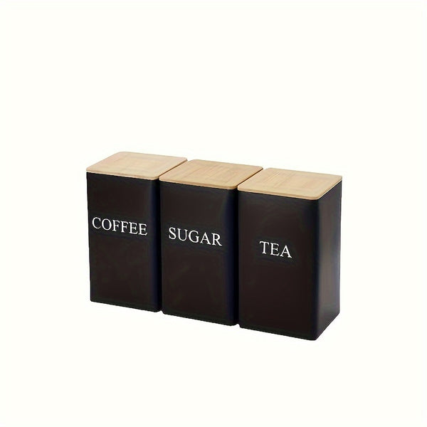 Set of 3 Cast Iron Kitchen Canisters with Wooden Lids