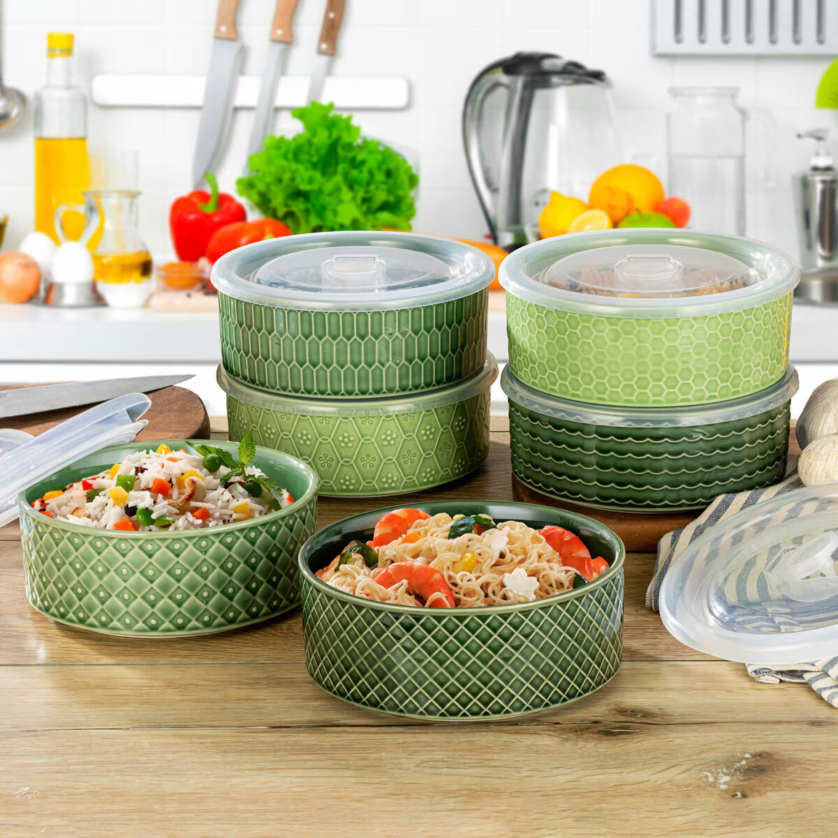 Signature Stoneware Bowls with Lids in Green, 6 Pack
