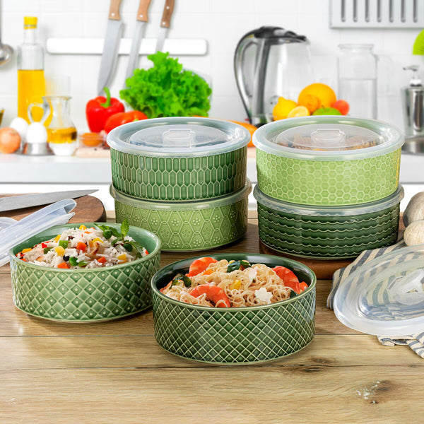 Signature Stoneware Bowls with Lids in Green, 6 Pack