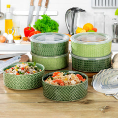 Signature Stoneware Bowls with Lids in Green, 6 Pack