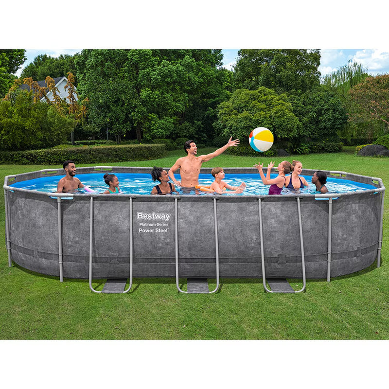 Bestway 20Ft X 12Ft Platinum Series Power Steel Oval Frame Pool with Sand Filter Pump and Solar Powered Pool Pad