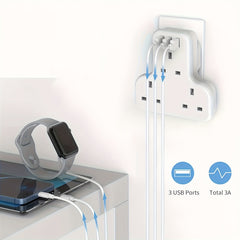 UK Plug Power Outlet with 3 USB Ports & 3250W Max Power - Fast Charging Adapter, Heavy-Duty UK Socket for Home, Office, Travel - Compatible with UK, Qatar, Singapore, Malaysia - Compact Design with Overload & Short Circuit Protection - Ideal for Chargers,