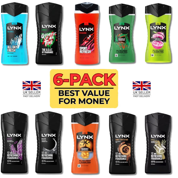 Lynx Shower Gel 6x 225ml | Random Selection 6 PACK Bundle | Africa, Ice Chill, Black, Gold, Epic Fresh, Jungle Fresh, Sunset Fresh, Sport Refresh, Dark Temptation, Excite | Shower Gel Body Wash Cleanser for Men | Save Money bying Multipack Bundle | Daily