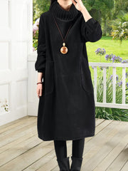 Women'S Elegant Corduroy Dress - Long Sleeve Turtleneck Loose Fit Winter Warm Dress with Pockets, Solid Color (Navy/) - Cozy Fall/Winter