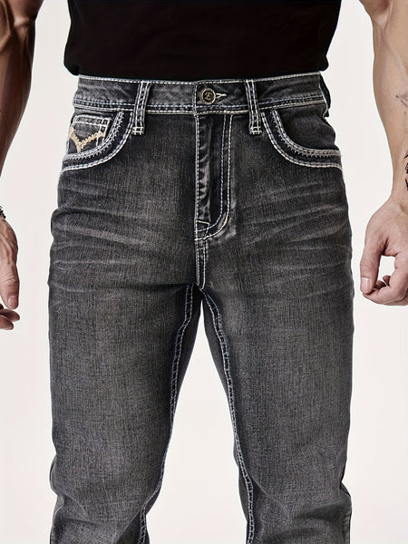 Men'S Elastic Washed Denim Jeans with Thick Line Embroidery on The Front And Back Pockets
