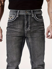 Men'S Elastic Washed Denim Jeans with Thick Line Embroidery on The Front And Back Pockets
