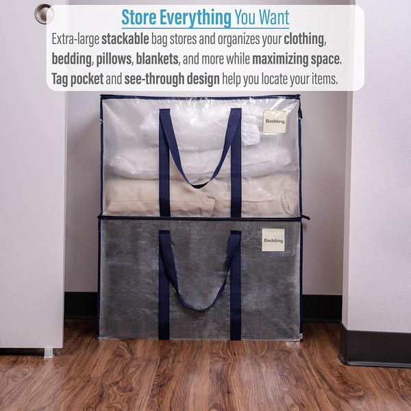 VENO 8 Pack Extra Large Moving Storage Bags with Zips, Heavy-Duty Organizer Tote, Moving Box Alternative, Packing Supply, Clothes Storage Bin, Tag Pocket for Label, Water-Resistant (Clear, 8 Pack)