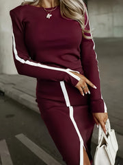 Ladies' Solid-color Slit 2pcs Dress Set ( Style) - This Sleeveless, Fitted Design with a High-waist Slit and Textured Is Perfect for Autumn and Winter, and Is an Excellent Choice for Office Casual Wear.