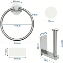 Self Adhesive Toilet Paper Holder & Towel Ring Set – No Drilling, Easy Stick-On Installation for Bathroom