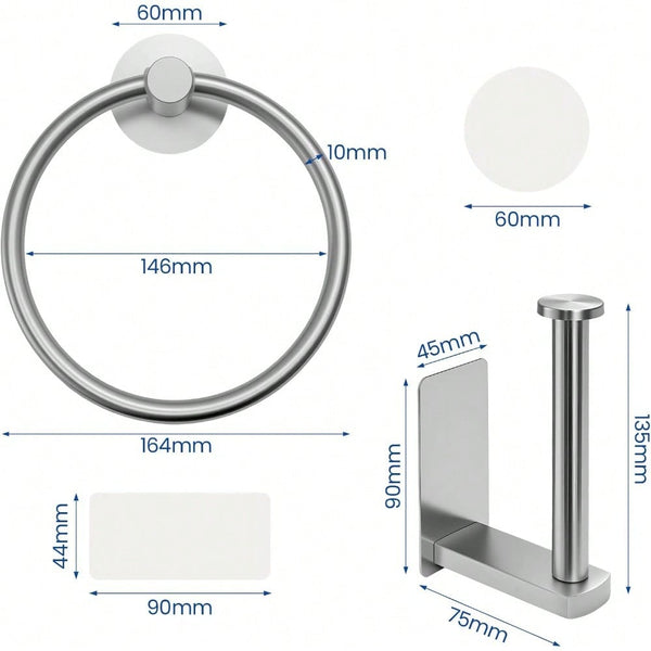 Self Adhesive Toilet Paper Holder & Towel Ring Set – No Drilling, Easy Stick-On Installation for Bathroom