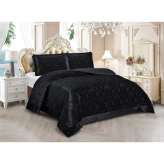 3 Piece Velvet Quilted Bedspread Set Jacquard Damask Bed Cover with Pillow Shams | Luxury Soft Polyester Bedspread for Double King Super King Beds | Modern Elegant Bedroom Bedding Set