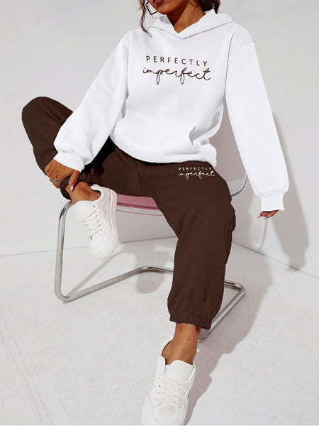 Women's Fashion Loose Swear Set, Color-Block Loose Hooded Set, PERFECTLY Letter Contrast Color Print Drawstring 2pcs Set, Casual, Trendy, Street Style