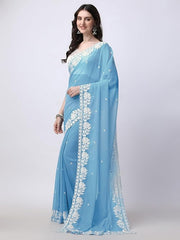 Estationeryhouse Women's Georgette Embroidery Border Work Designer Saree with Blouse Piece