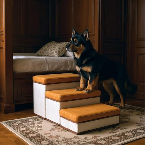 Foldable Dog Stairs, 3 Tier Pet Steps with Storage, Adjustable Dog Ramp for Bed and Sofa, Soft Flannel Pet Stairs for Small & Medium Dogs and Cats