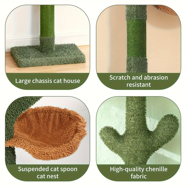 Cactus Cat Tree Floor to Ceiling Cat Tower with Adjustable Height 229Cm-275Cm, 4 Tiers Cat Climbing Activity Center with Cozy Hammock, Platforms And Dangling Balls, Green