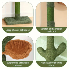 Cactus Cat Tree Floor to Ceiling Cat Tower with Adjustable Height 229Cm-275Cm, 4 Tiers Cat Climbing Activity Center with Cozy Hammock, Platforms And Dangling Balls, Green