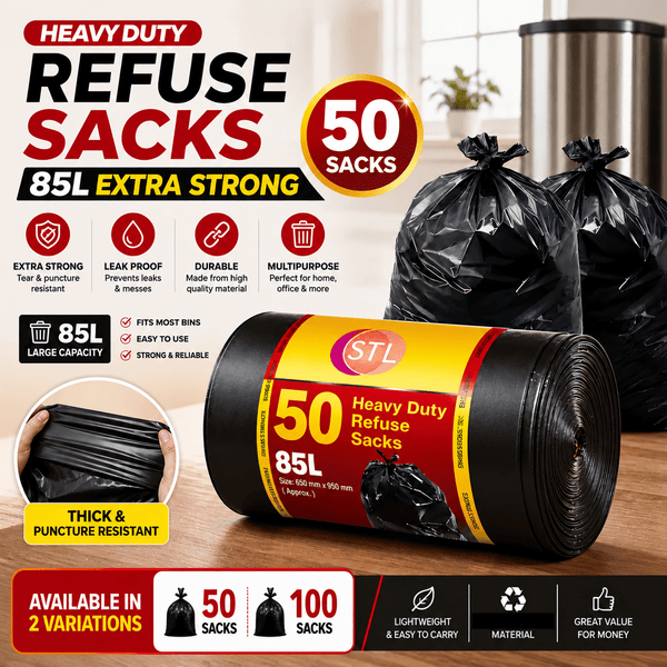 1 roll of 50 EXTRA STRONG HEAVY DUTY BLACK BIN LINERS RUBBISH BAGS WASTE REFUSE GARBAGE SACKS