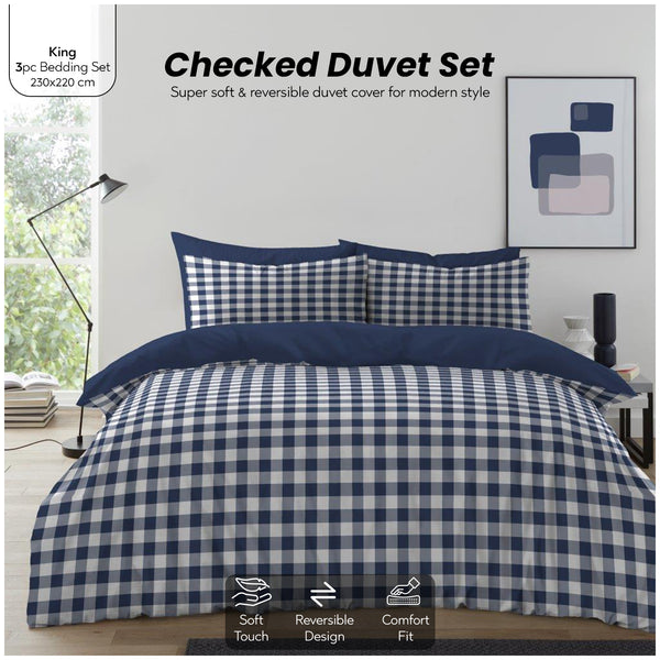 Gingham Moor Check Duvet Cover Set | Plain Reversible Microfibre Quilt Bedding with a Soft Lightweight Feel and Stylish Check Design | Ultra-Soft Matching Pillowcases for Everyday Bedroom Comfort | Available in Single, Double, King Sizes | Fast Dispatch f
