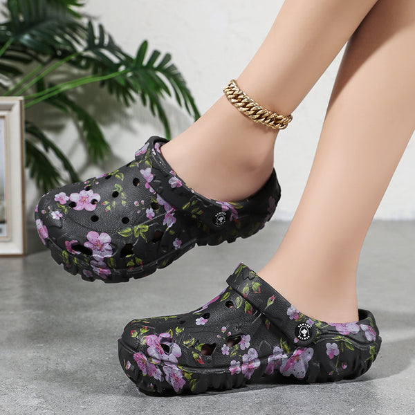 Women'S Floral Print Thick Sole Clogs, Dual-Use Adjustable Strap EVA Garden Shoes, Non-Slip Thick Sole, Summer Beach Wear, Women Shoes