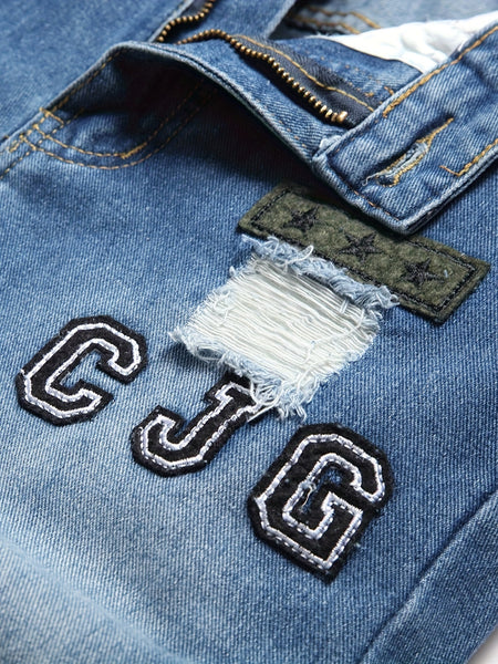 Men's Ripped Jeans with Doll Figure Pattern, Youth Zhang Zai Embroidery, Trendy Skinny Tapered Fit Denim Pants