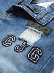Men's Ripped Jeans with Doll Figure Pattern, Youth Zhang Zai Embroidery, Trendy Skinny Tapered Fit Denim Pants