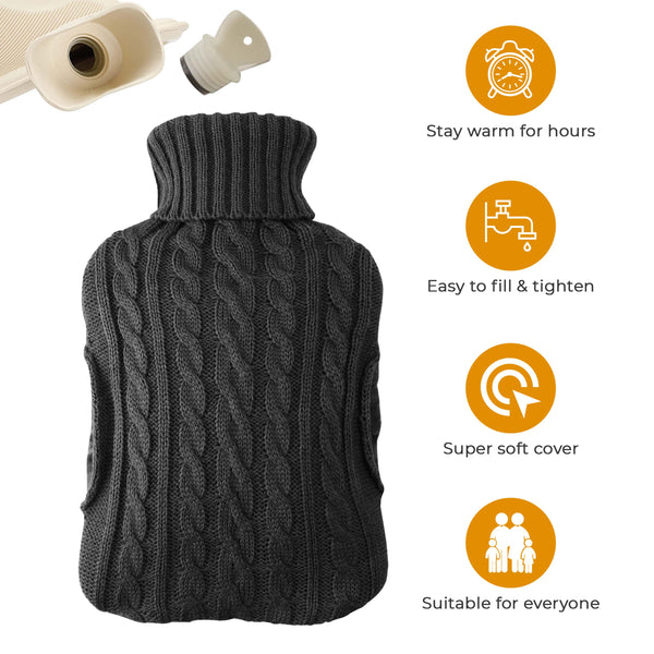 2L Hot Water Bottle with Built in Pockets & Knitted Cover Bag - Natural Rubber, Hot Water Bag for Hot and Cold Compress, Neck and Shoulder Pain – Hand Feet Warmer