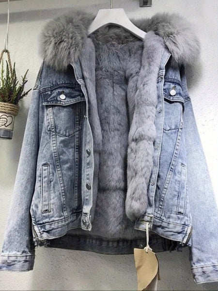 Women's Cozy -Lined Denim Jacket - Casual Long Sleeve Outerwear, Loose Fit, Button-Up Front, Flap Pockets, Solid Color, Perfect for Fall/Winter, Casual Winter Wear | Relaxed Fit Jacket | Lined Jacket
