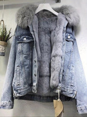 Women's Cozy -Lined Denim Jacket - Casual Long Sleeve Outerwear, Loose Fit, Button-Up Front, Flap Pockets, Solid Color, Perfect for Fall/Winter, Casual Winter Wear | Relaxed Fit Jacket | Lined Jacket
