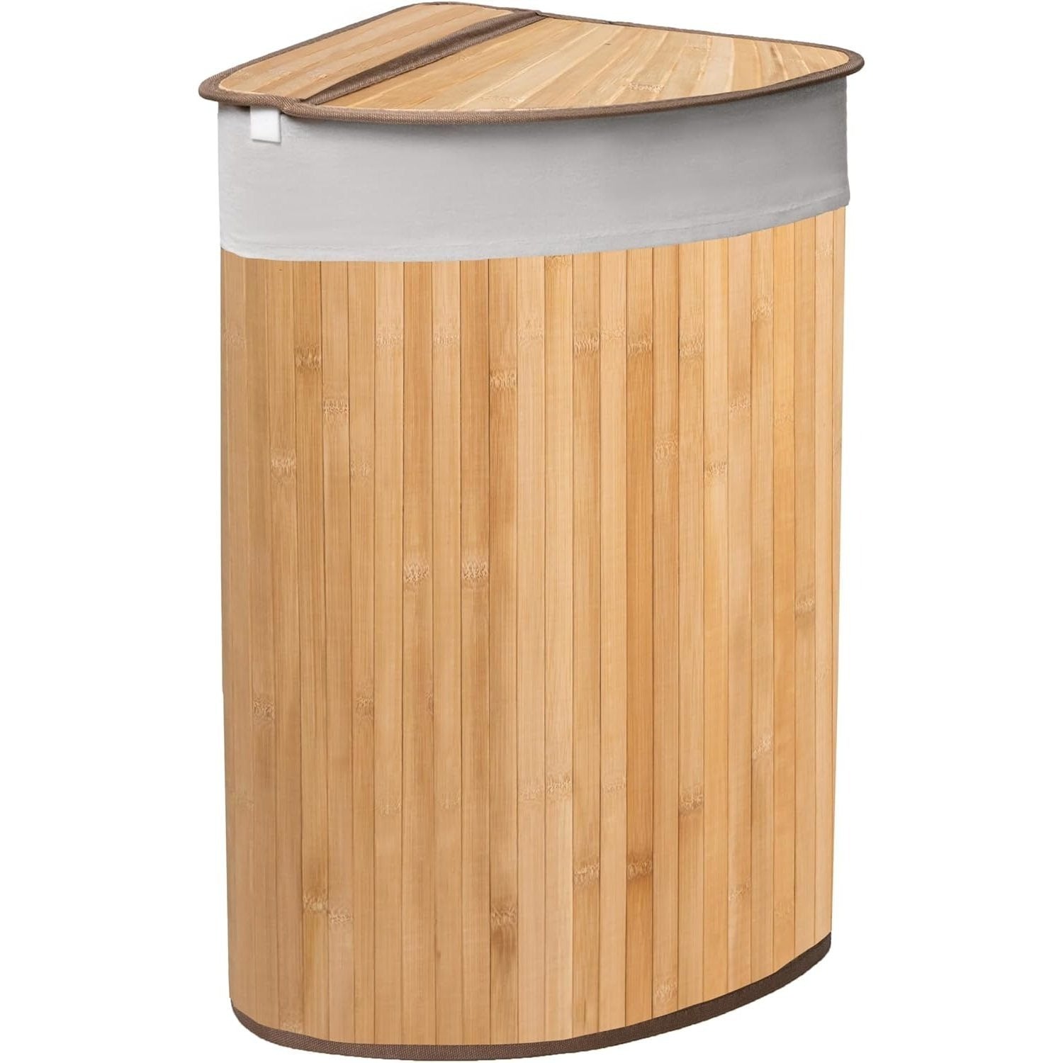 KNIGHT 57L Bamboo Laundry Hamper, Corner Laundry Basket with Swing Lid, Removable & Washable Lining, Easy to Assemble & Foldable Storage Bin,35x35x60 (Natural)