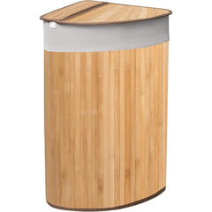 KNIGHT 57L Bamboo Laundry Hamper, Corner Laundry Basket with Swing Lid, Removable & Washable Lining, Easy to Assemble & Foldable Storage Bin,35x35x60 (Natural)